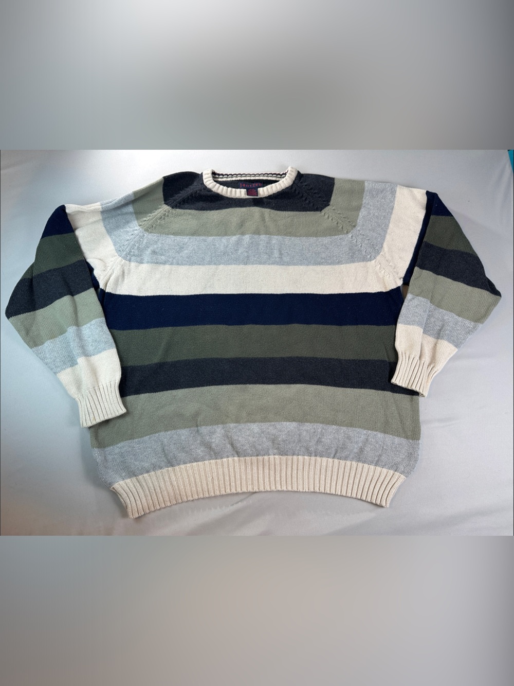 Vintage Jantzen Striped Crewneck Sweater XL Cable Knit Navy Olive Gray Cream